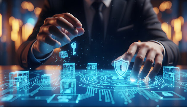 Professional Interacting with Digital Cybersecurity Interface