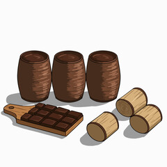 Illustration of chocolate bar on a wooden board with three barrels and logs.