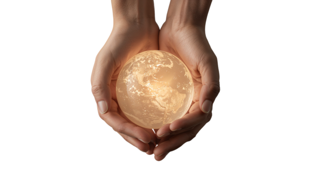 Human hands gently cup a glowing translucent globe, symbolizing global care isoleted on transparent background