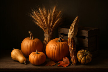 Autumn Harvest Still Life, Pumpkins, gourds, corn, wheat bundles, wooden crate, Thanksgiving Day 14th march in united states and 2nd Monday in October Canada