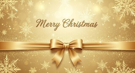 A festive golden Christmas background with snowflakes and a gold bow.