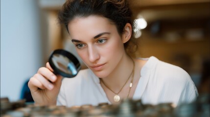 A coin collector studying rare coins under a magnifying glass, inspecting tiny engravings and mint marks — numismatic hobby, collectible treasures, and meticulous appreciation. cinematic color