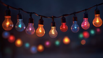 Festive decorative string lights with colorful glowing bulbs at dusk.