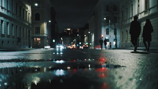 A night city street with car headlights and silhouettes of people