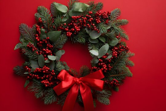 Elegant Christmas holiday background design showing a decorative wreath crafted from fir branches, red berries, twinkling lights, velvet ribbon and frost-tipped grechristmas wreath on white background