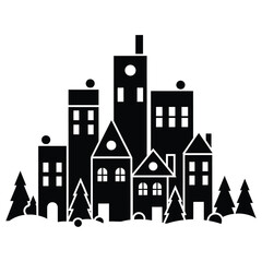 Black Silhouette Cityscape with Tall Buildings and Pine Trees on White Background urban