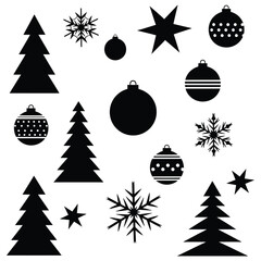 Assortment of Black Christmas Icons Including Trees Ornaments and Snowflakes star