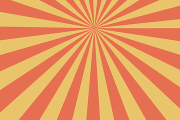 Retro swirl starburst background with psychedelic spiral pattern and vintage 1970s aesthetic. Vector design features orange and yellow sunburst rays with hypnotic vortex effect for party disco posters