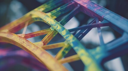 A structural engineer studying a digital 3D model of a bridge, colorful heatmaps showing load distribution across beams and suspension cables as stress points glow under analysis — civil