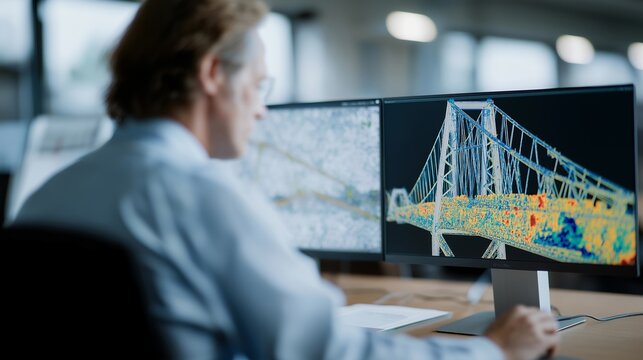 A structural engineer studying a digital 3D model of a bridge, colorful heatmaps showing load distribution across beams and suspension cables as stress points glow under analysis &mdash; civil