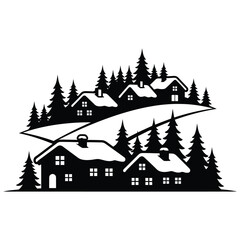 Black Silhouette of Snowy Village with Pine Trees on White Background winter houses