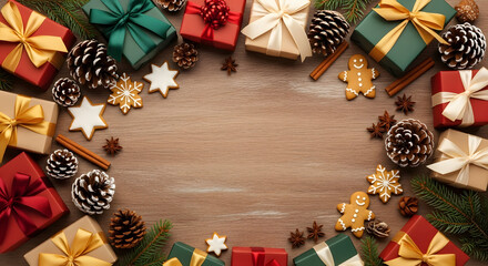 Christmas gifts and holiday decorations frame a blank wooden surface for personalized greeting cards