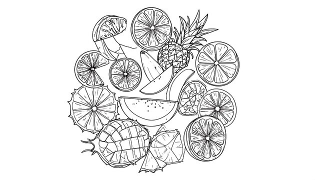 A black and white illustration of assorted sliced fruits arranged in a circular composition, creating a decorative design