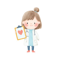 Cute Cartoon Doctor Holding Heart Clipboard Watercolor Illustration.