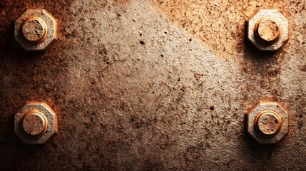 Four large rusty bolts securing a weathered industrial metal plate.