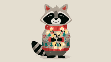 A cute raccoon wearing an oversized Christmas sweater with fairy lights for seasonal apparel design and animal-themed products