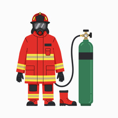 Illustration of a firefighter in full protective gear with an oxygen tank and breathing apparatus, ready for emergency response.