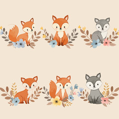 Obraz premium Adorable watercolor illustration of six cartoon foxes and wolves with floral arrangements on a light background, perfect for children's designs.