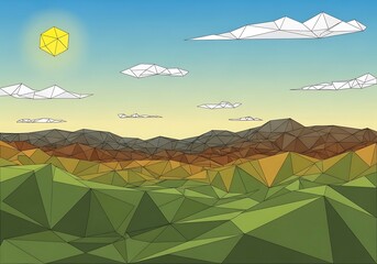 Low-poly polygonal landscape illustration with mountains, sun and clouds