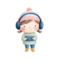 Cute Little Girl Playing Video Game with Headphones Watercolor Illustration.