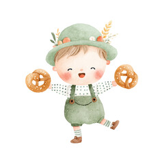 Cute Oktoberfest Boy with Pretzels Watercolor Illustration.