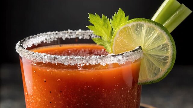 Bloody mary cocktail drink beverage tomato juice vodka with salt rim black pepper lime slice celery stalk garnish refreshing savory closeup