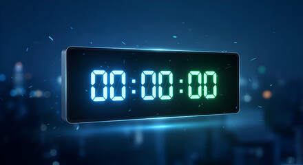 Digital clock displaying zero time with a blurred cityscape background and glowing blue and green lights creating a futuristic atmosphere