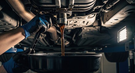 Auto mechanic draining old engine oil from a car on a lift into a pan during maintenance