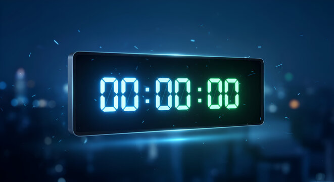 Digital clock displaying zero time with a blurred cityscape background and glowing blue and green lights creating a futuristic atmosphere