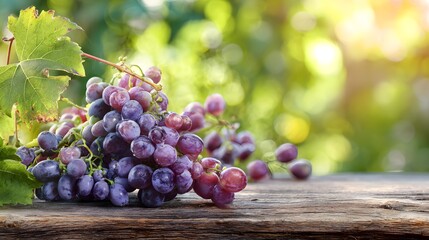 Obraz premium Fresh ripe purple grapes with green leaves on a rustic wooden table outdoors in the sunlight.