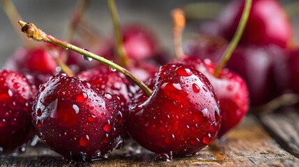 Fresh ripe red cherries with water droplets on a rustic wooden table.
