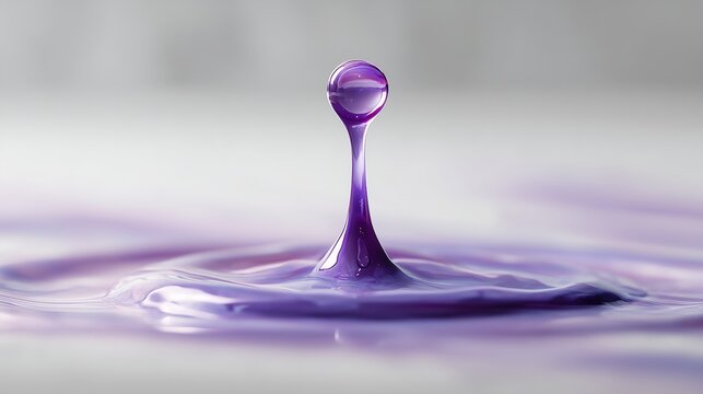 A close-up of a purple water droplet creating a splash in a shallow pool of purple liquid. The background is blurred, emphasizing the droplet's shape and color.
