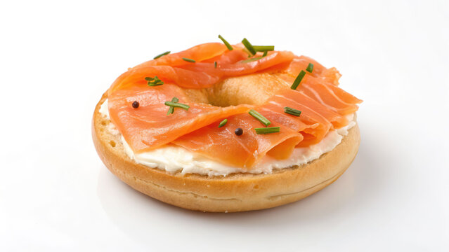 Bagel lox sandwich breakfast snack fresh salmon cream cheese chive garnish peppercorns simple clean background appetite