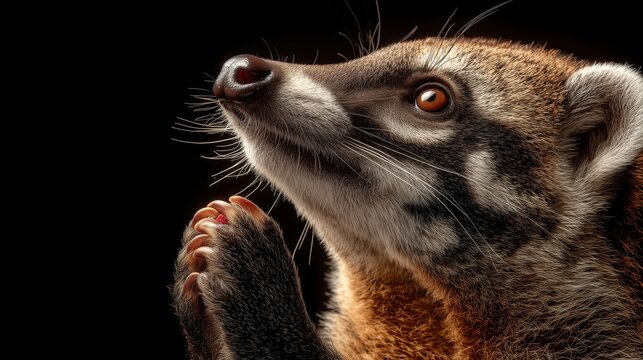 A close-up of a coati with its paws together, displaying a curious expression. The animal has a brown and gray fur coat with distinctive facial markings.
