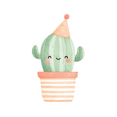 Cute Watercolor Cactus with Party Hat Illustration.