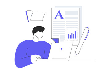 Content writing on paper sheet with pen, writer, journalist, author, and copywriter concept. Flat Cartoon Vector Illustration, icon Stylish abstract design landing page web