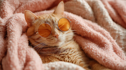 Orange tabby cat wearing round orange sunglasses nestled in pink blanket image