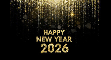 Happy New Year 2026 greeting with sparkling gold glitter falling on a black background.