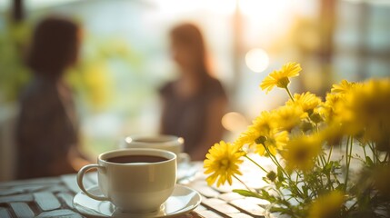 Friends enjoying a warm coffee conversation in a sunlit cafe with yellow flowers.