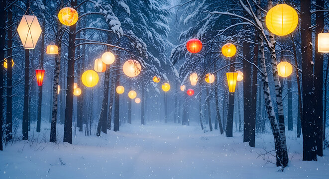 Magical winter forest path illuminated by glowing lanterns and fairy lights creating a festive and enchanting holiday atmosphere during twilight