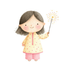 Cute Watercolor Girl Holding Sparkler Illustration.