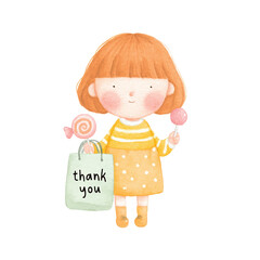 Cute Watercolor Girl Holding Thank You Bag and Lollipops.