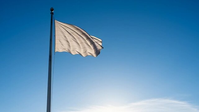 White flag waving gently against a clear blue sky, a symbol of surrender, truce, or peaceful protest blowing in the breeze on a sunny day