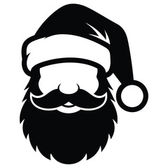 Black Silhouette of Santa Claus Face with Hat Beard and Moustache on White Background christmas black and white