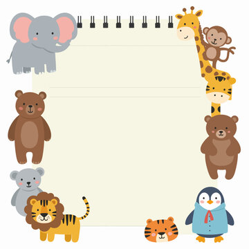 A cute cartoon frame with various jungle and forest animals surrounding a blank notepad page.