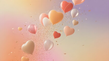 Balloons shaped like hearts float upwards with confetti against a soft pastel gradient background