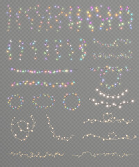 Set of multicolor glowing Christmas string lights in various shapes and curves on transparent background. Festive fairy light elements for holiday cards, borders and web design.