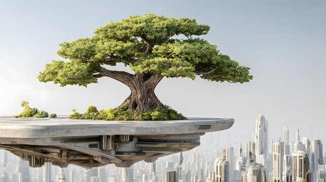Futuristic concept of nature and technology with a floating island and tree over a city.