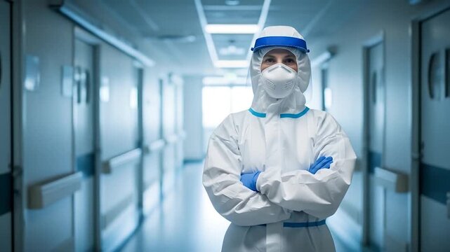Dedicated medical professional in full protective equipment stands confidently in a hospital hallway, symbolizing safety and resilience during critical healthcare situations