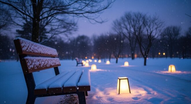 A snowy park with benches and luminaries at night. - Powered by Adobe